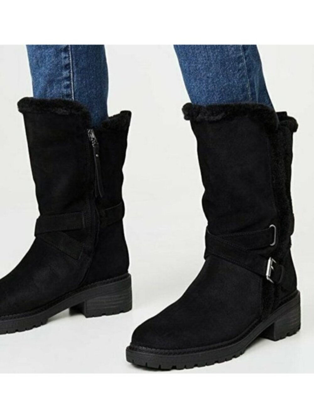 New SAM EDELMAN 6 Jailyn BLACK SUEDE Faux FUR Lined Moto Boots